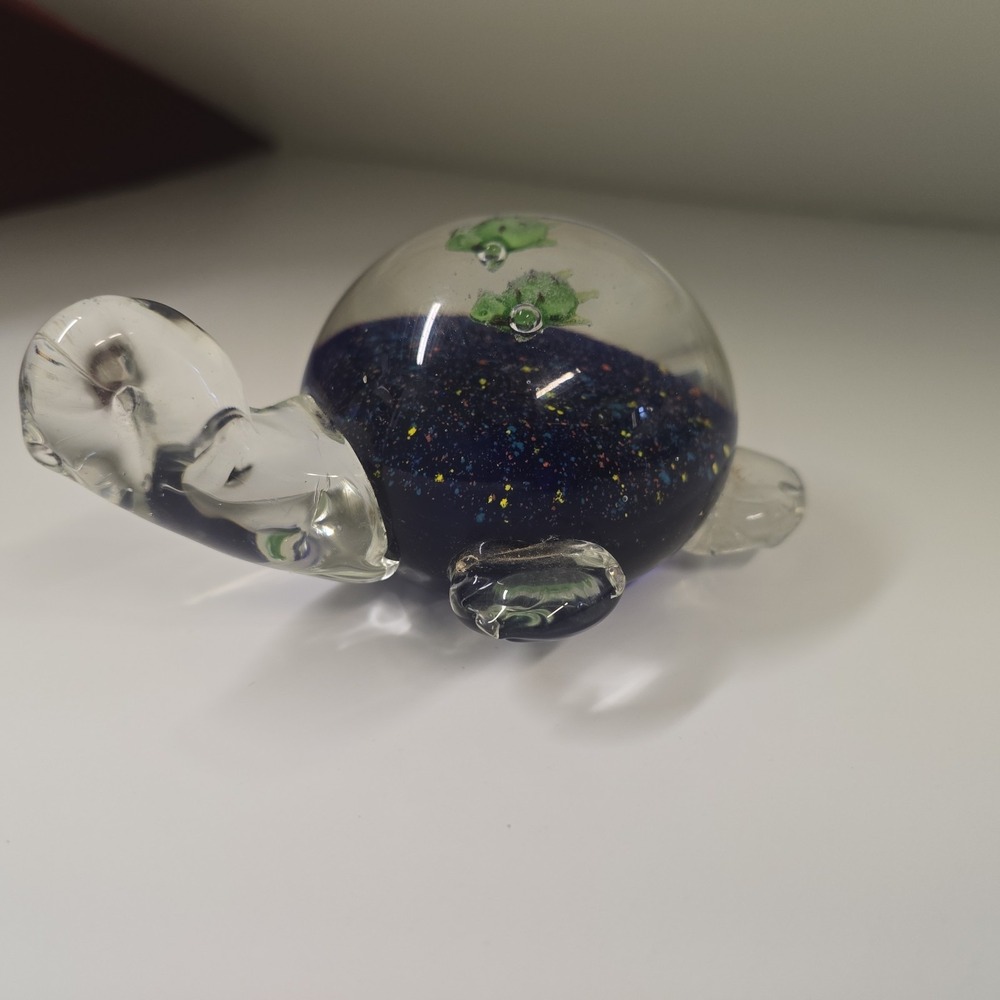 Turtle Paperweight Clear & Blue Art Glass Sea Turtle With Babies